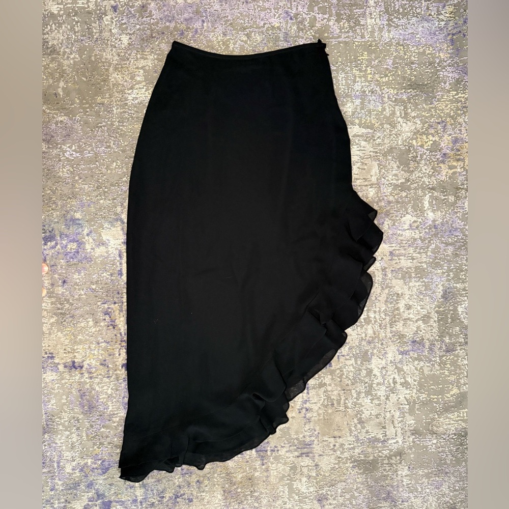 Vintage 90’s Black Asymmetrical Ruffle Hem Midi Skirt